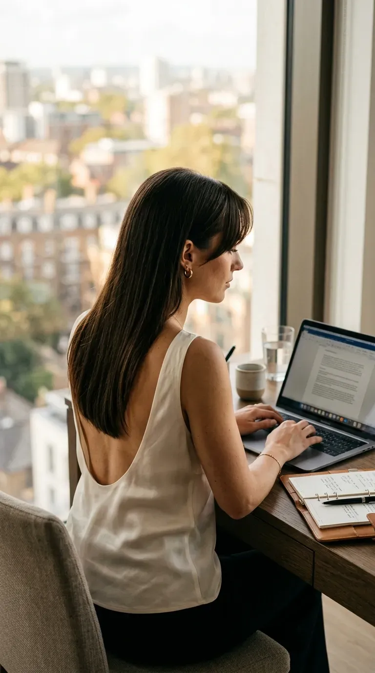 Long dark brown hair with long curtain bangs tucked behind one ear at office