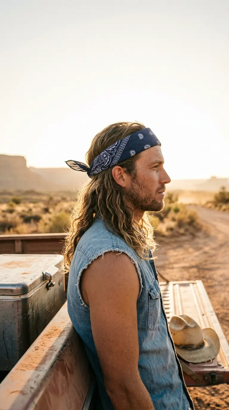 Side profile of long hair held back with a folded navy bandana