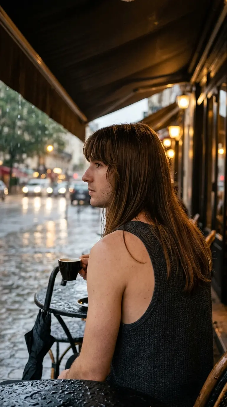 Three quarter back view of long hair with a heavy fringe on a rainy terrace