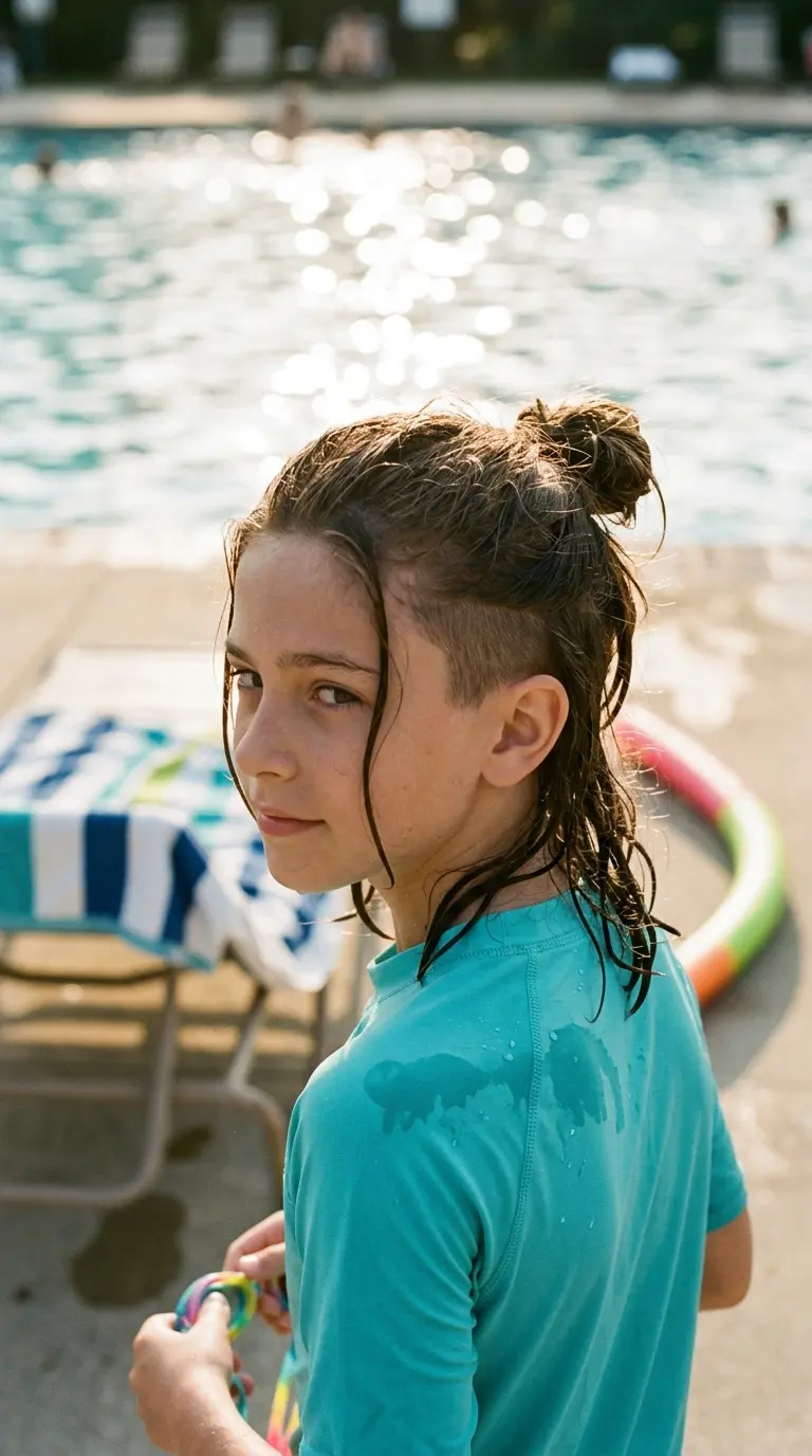 Three quarter back view of long hair tied up to reveal a shaved undercut