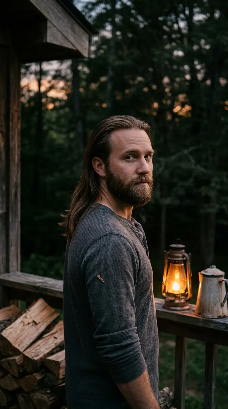 Over the shoulder view of long hair tucked behind the ears with a full beard