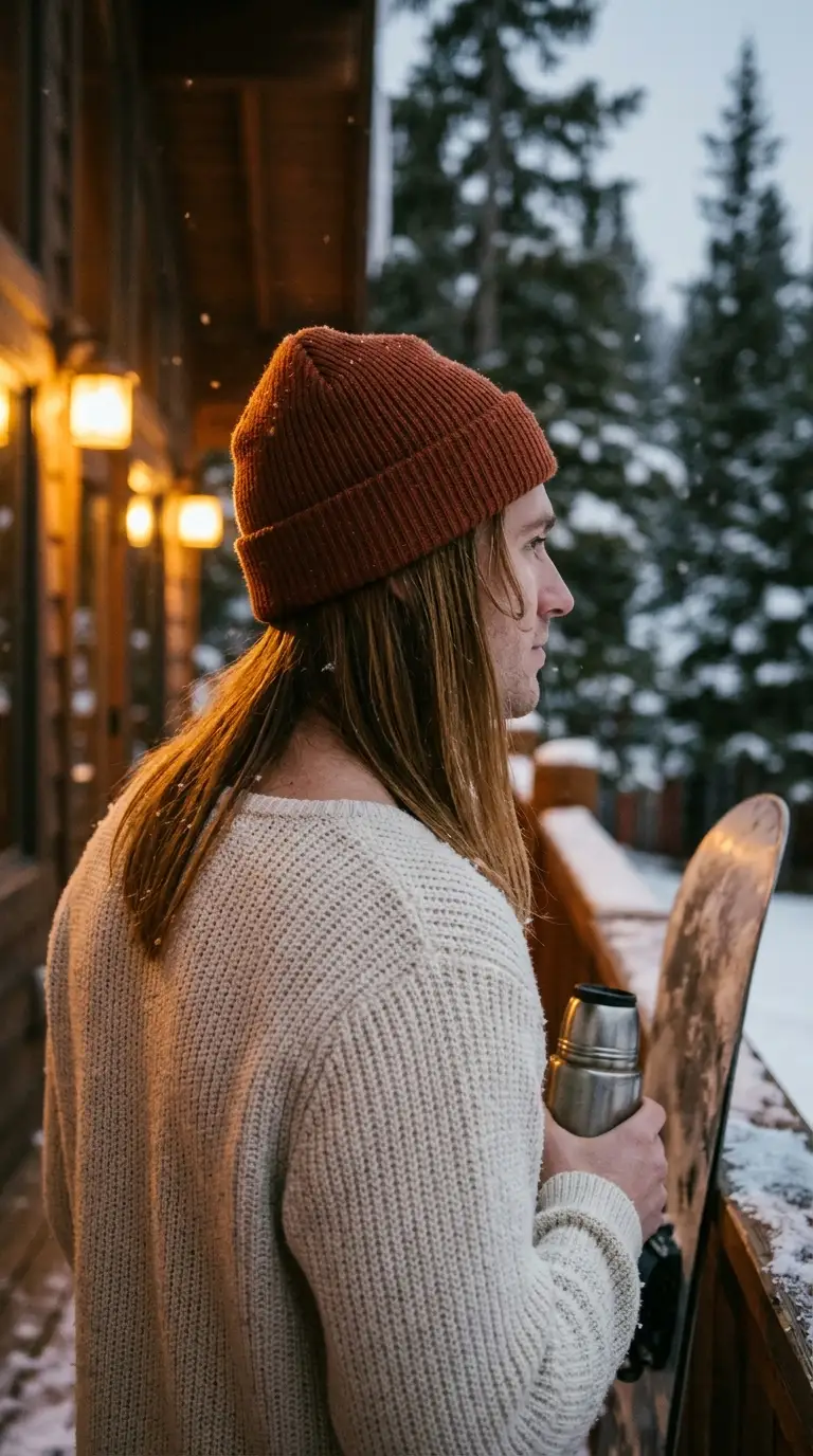 Three quarter back view of long hair under a rust ribbed beanie