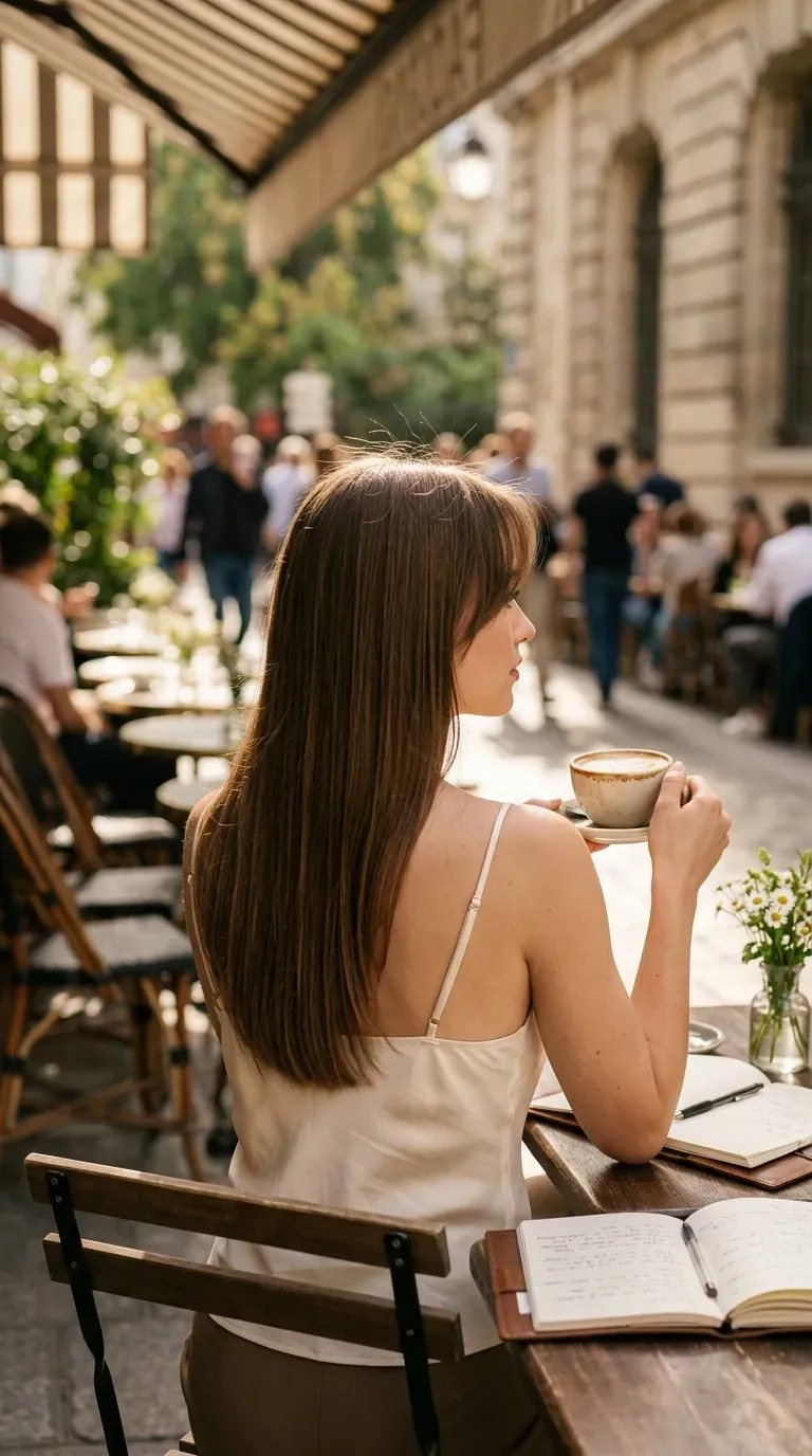 Long hair with curtain bangs in a middle part seen from behind at cafe