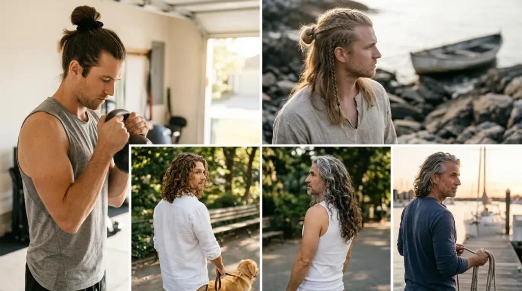Four photo collage of long hairstyles for men shown in side and three quarter views