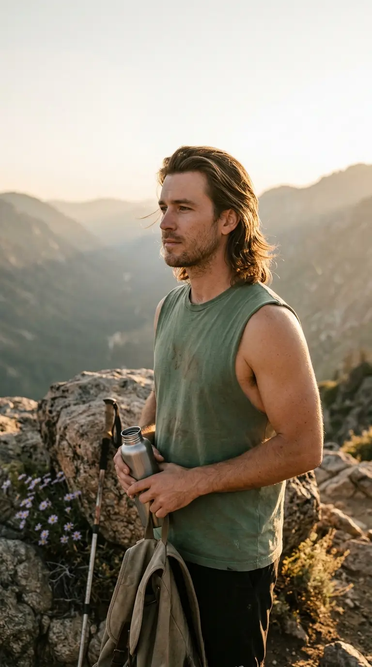 Three quarter view of long hairstyles for men, a layered flow resting on the shoulders