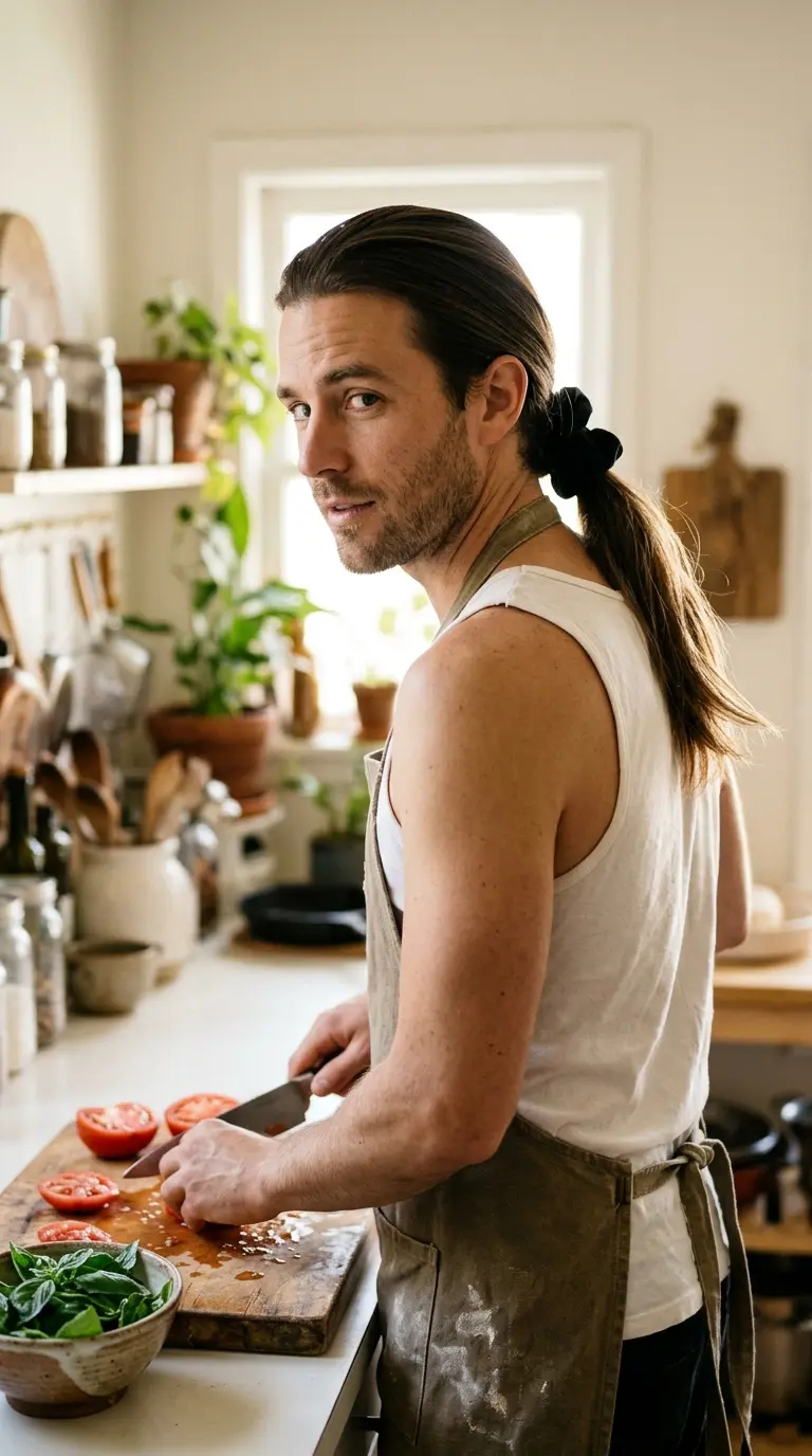 Over the shoulder view of a classic low ponytail on a man cooking