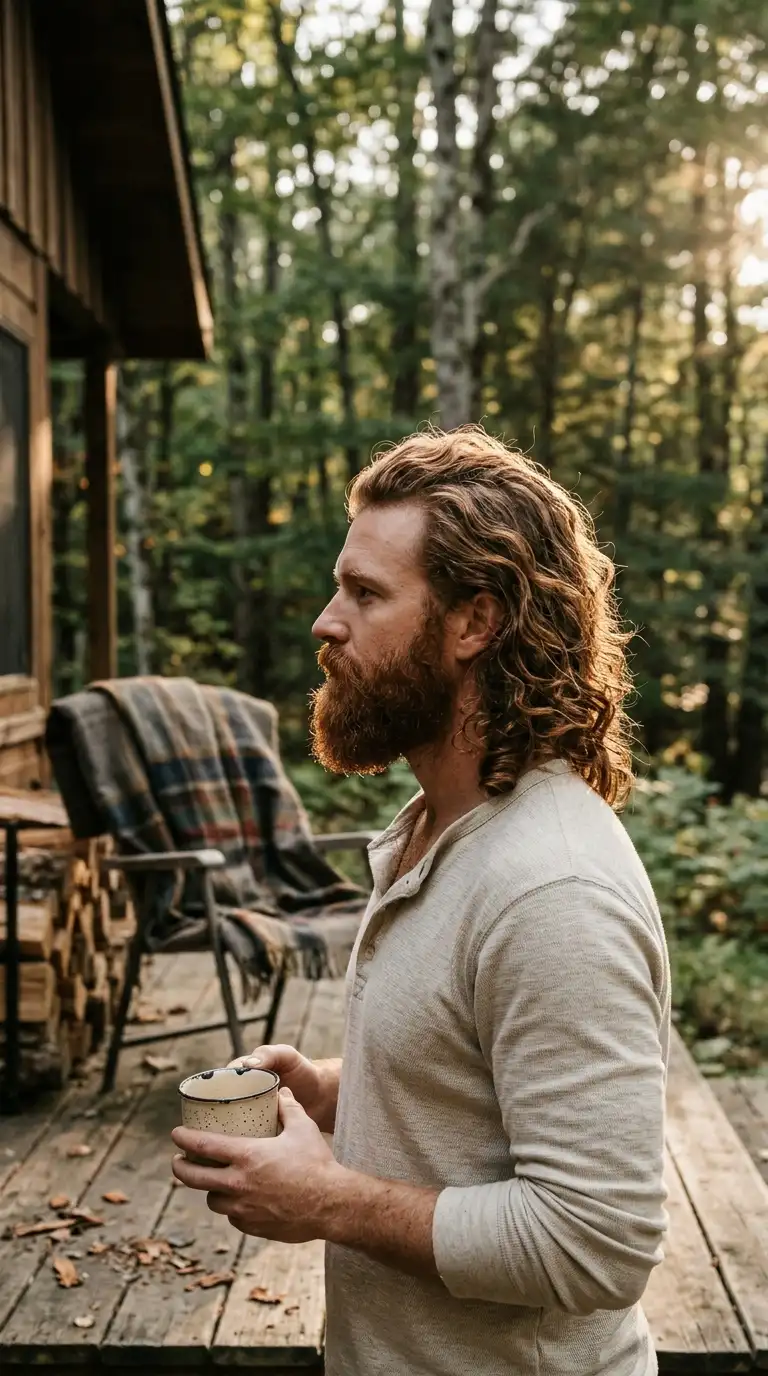 Side profile view of long layered auburn curls with a full beard