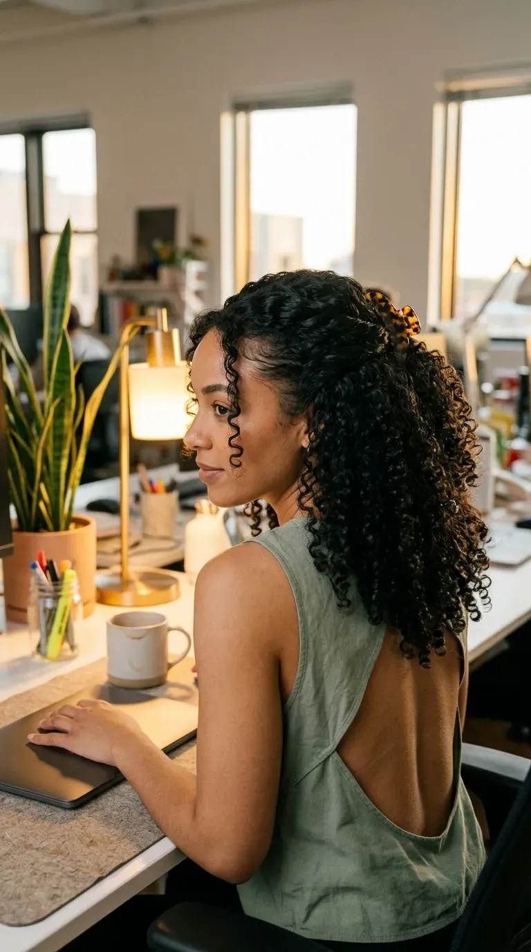 Side profile of long layered curls falling past the shoulders in stairwell
