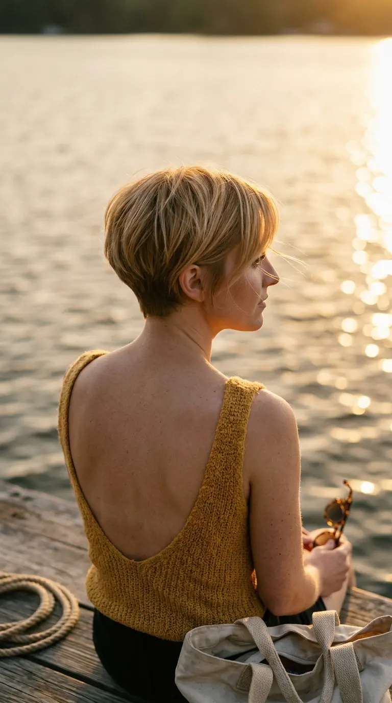 Three quarter back view of a honey blonde long pixie covering the ears