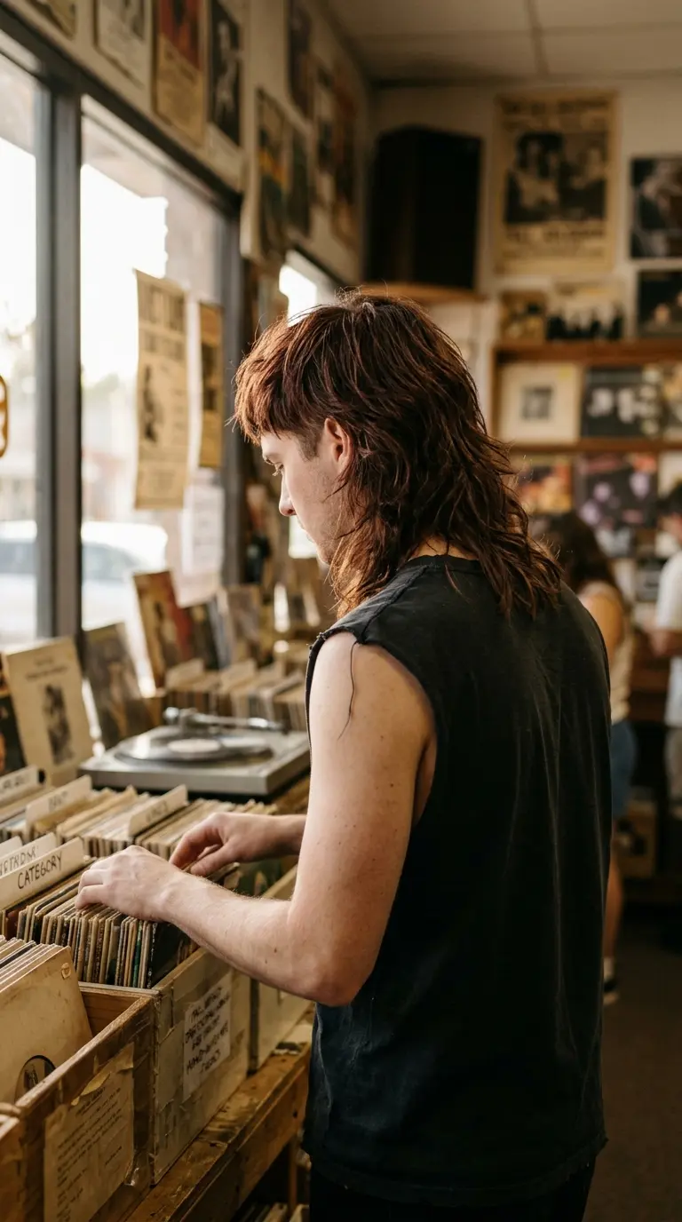Three quarter back view of a long shag with choppy ends in a record store