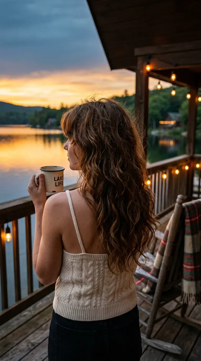 Long wavy shag haircut with layered texture seen from behind on a cabin porch