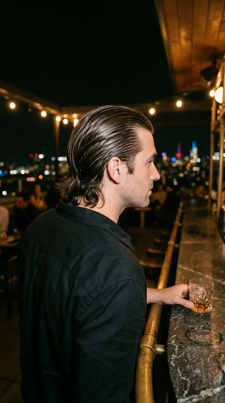 Three quarter back view of long slicked back hair with a glossy wet look