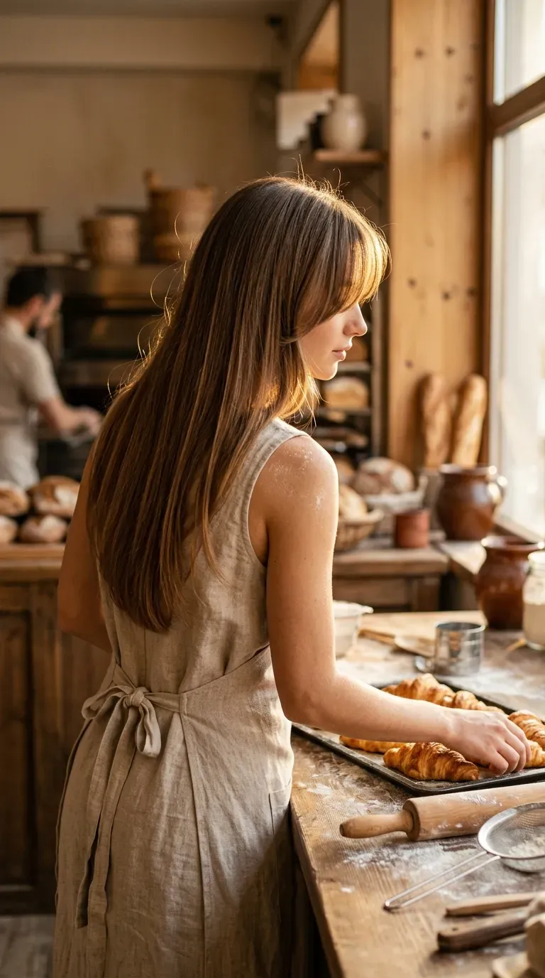Brunette long hair with longer angled curtain bangs past the cheekbones in bakery