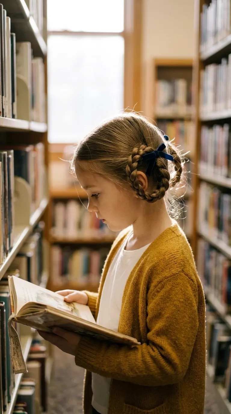 Side profile of a girl with two braided pigtails folded up into loops and tied with velvet bows