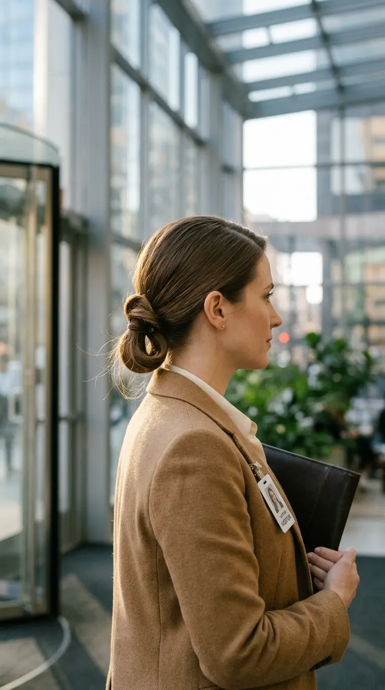 Side profile of a sleek low ponytail folded into a loop and pinned at the nape for a job interview