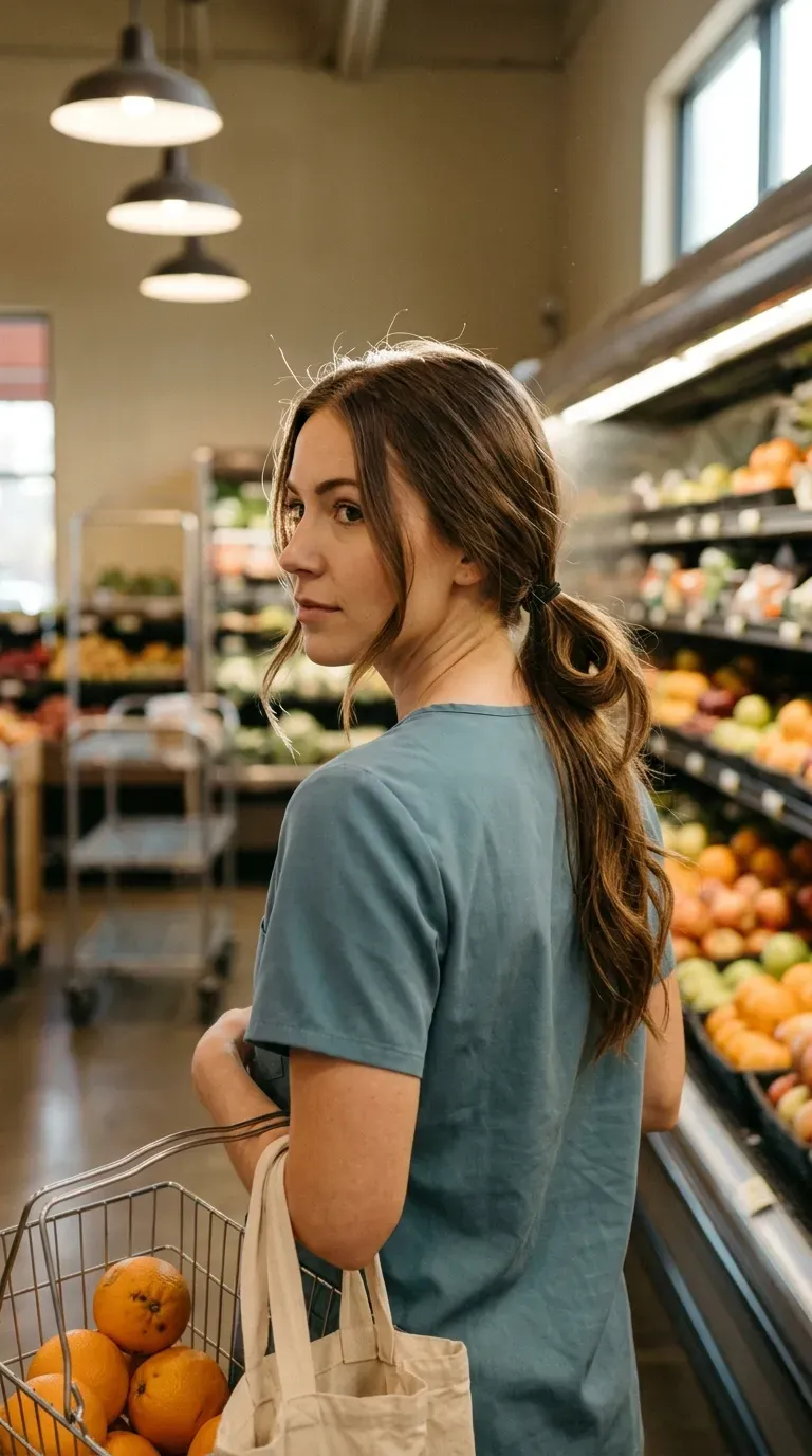 Over the shoulder view of a looped low ponytail in a grocery aisle
