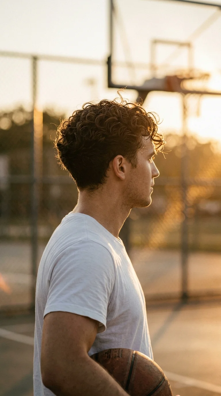 Side profile of a man with medium length loose curls and a soft taper at the neck