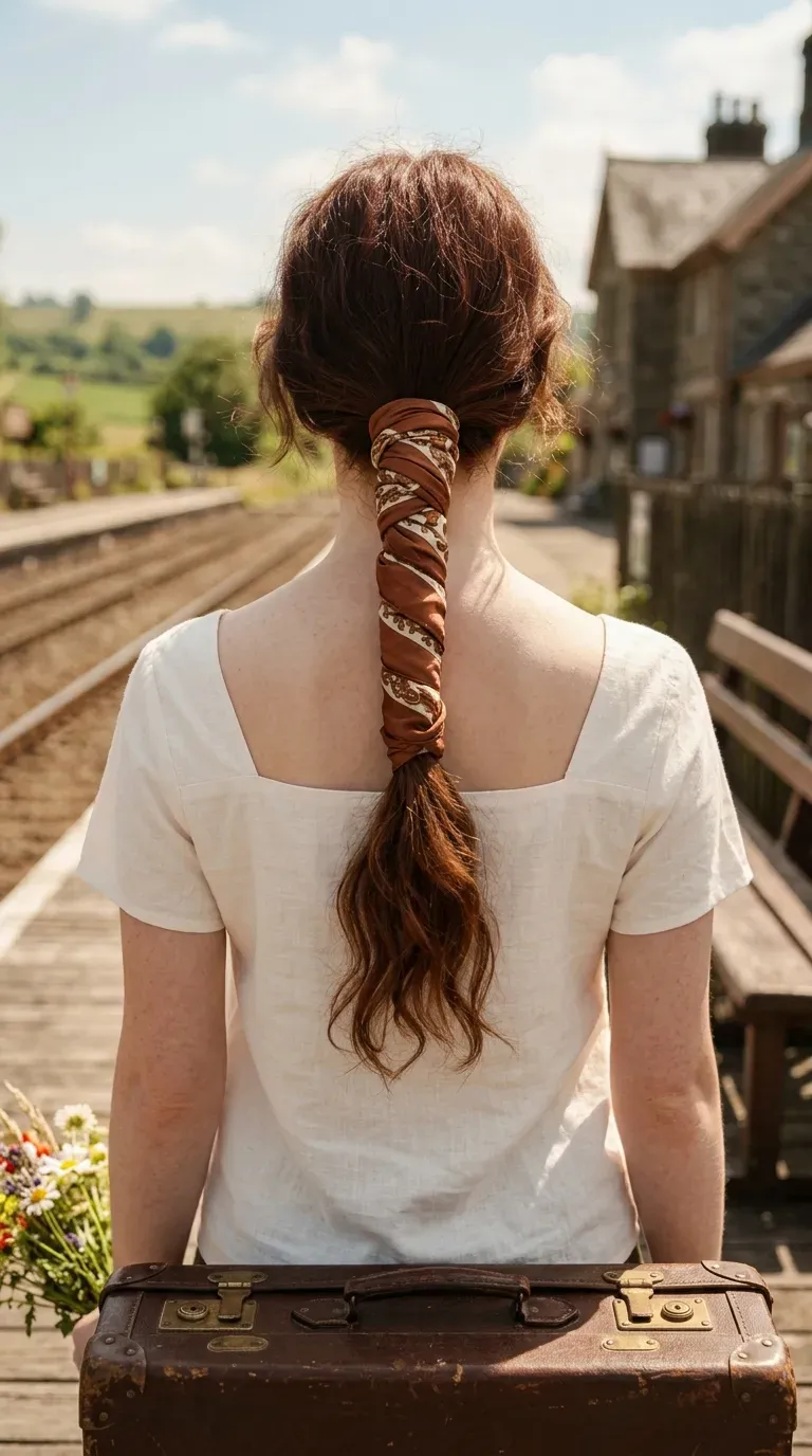 Long loose fishtail braid down the back of a woman on a lake dock