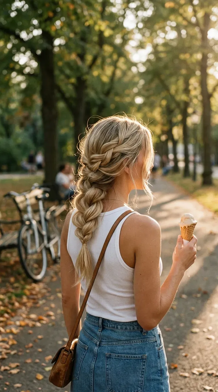 Three quarter back view of a loose side braid worn over one shoulder