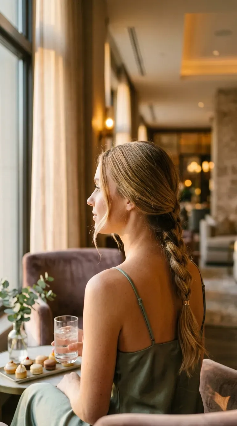 Side profile of a loose side braid over one shoulder with a gold cuff