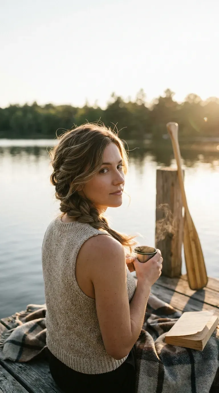 Over the shoulder view of a loose side braid with pulled out edges