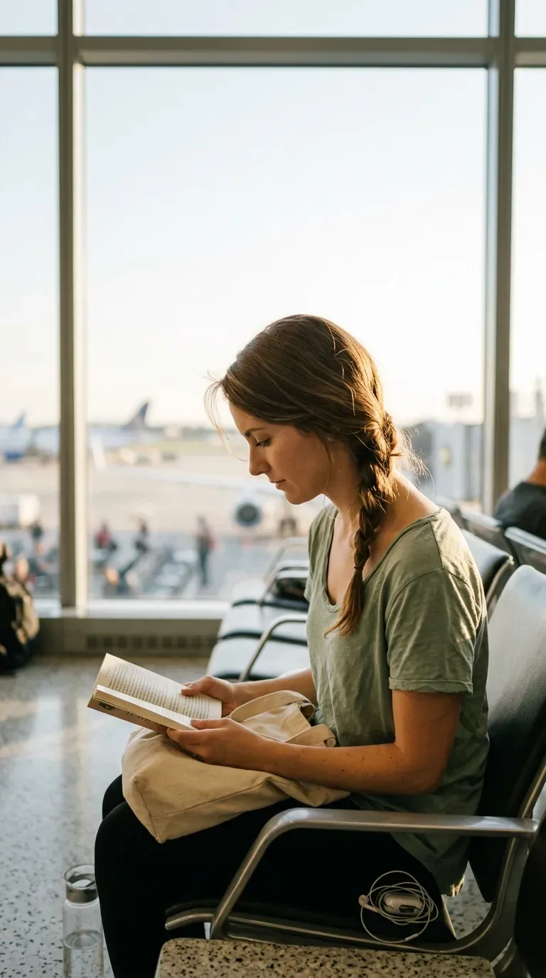 Side profile of a loose side braid and scrunchie at an airport gate
