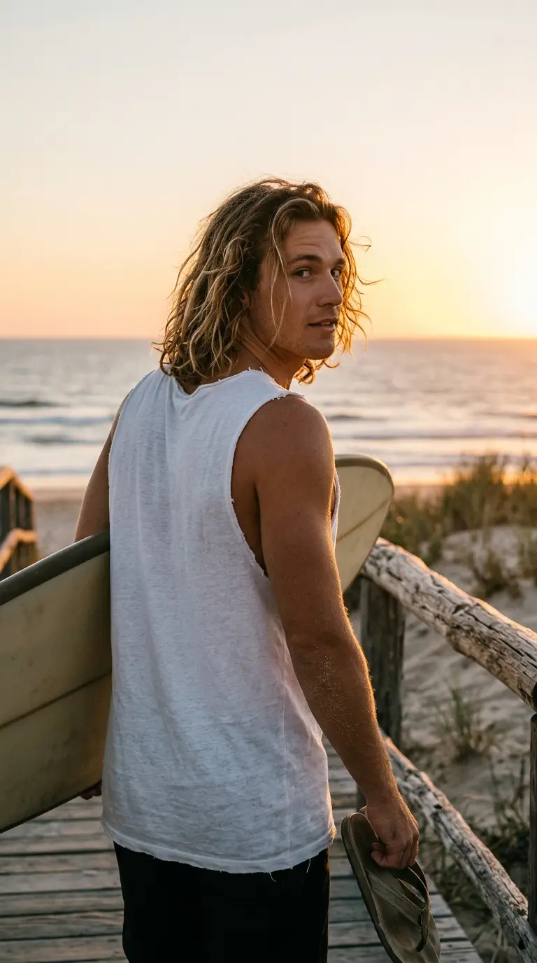 Over the shoulder view of loose surf waves on a man walking a beach boardwalk