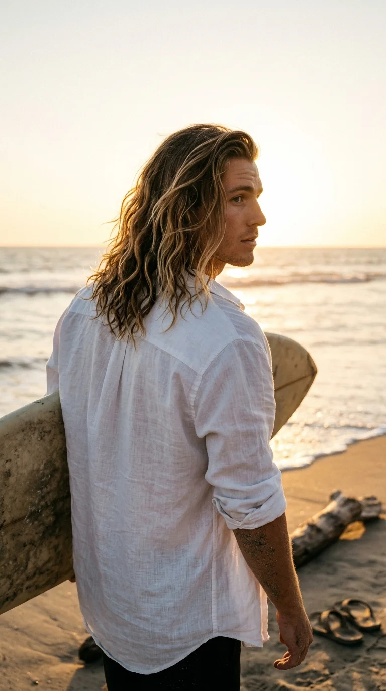 Over the shoulder view of a loose wave pompadour with a soft fade at night
