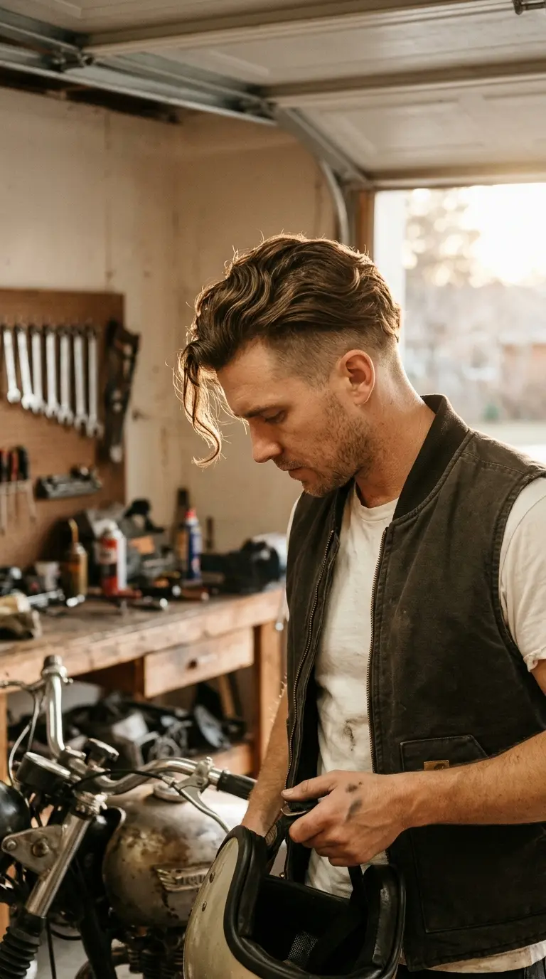 Three quarter front view of a swept back wavy undercut in a motorcycle garage