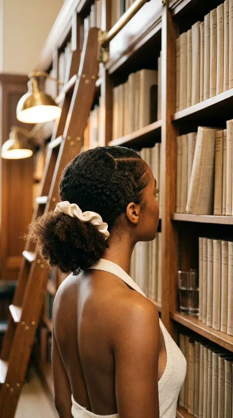 Three quarter back view of low afro puff with smooth edges in a library aisle