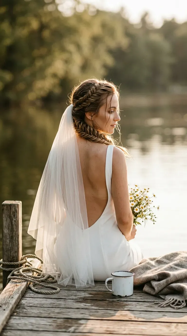 Side profile of a low ballerina bun with pearl pins and a long veil