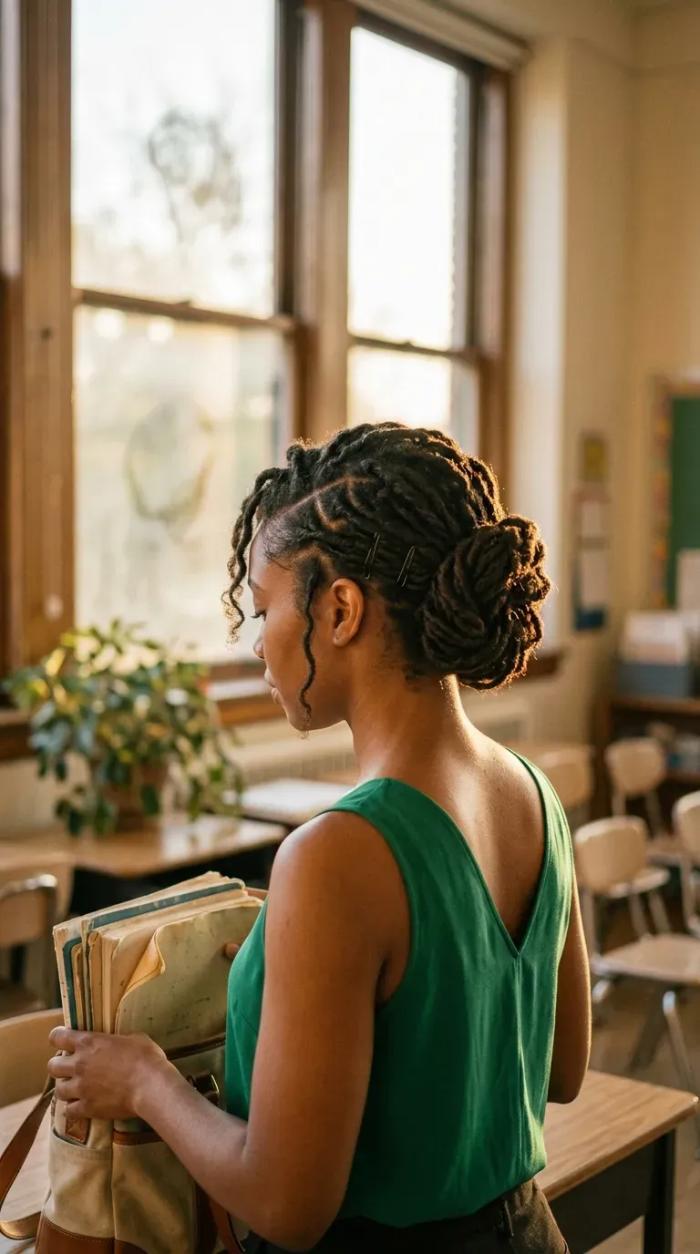 Side profile of a low braided bun that adds volume to fine hair
