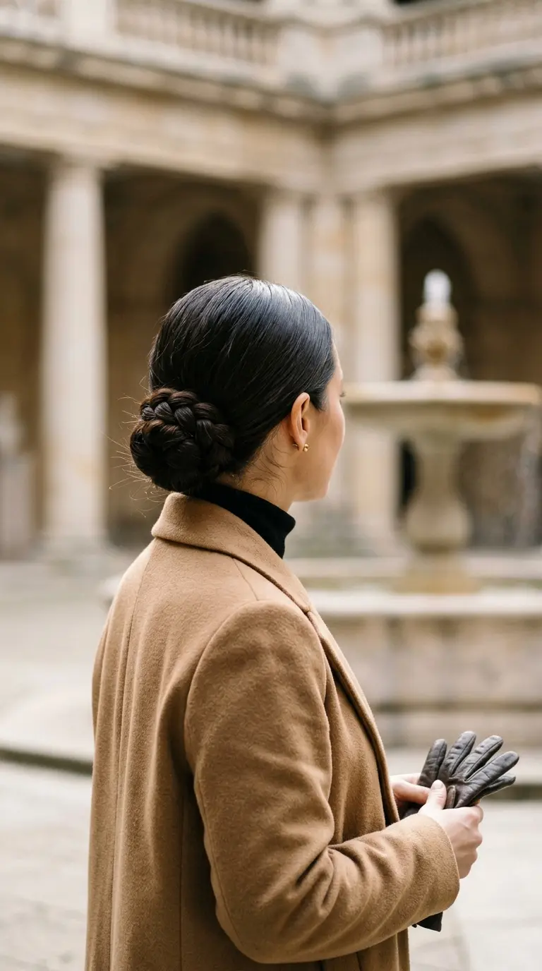 Back view of a low bun made from a coiled three strand braid on long black brown hair