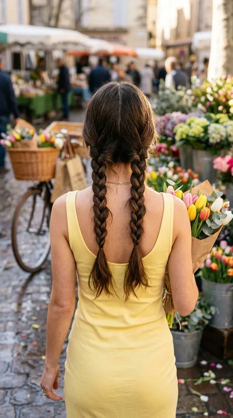 Two loose low braids down the back of a woman at a flower market