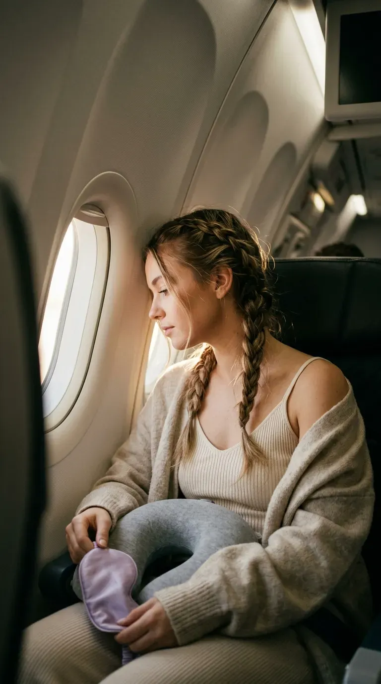 Side profile of two low braided pigtails resting against a plane window
