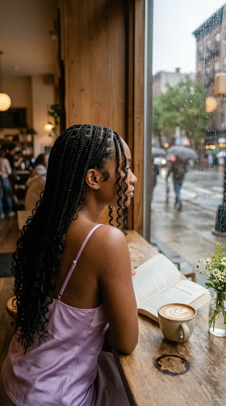 Low bubble ponytail of curly knotless braids at an outdoor garden wedding