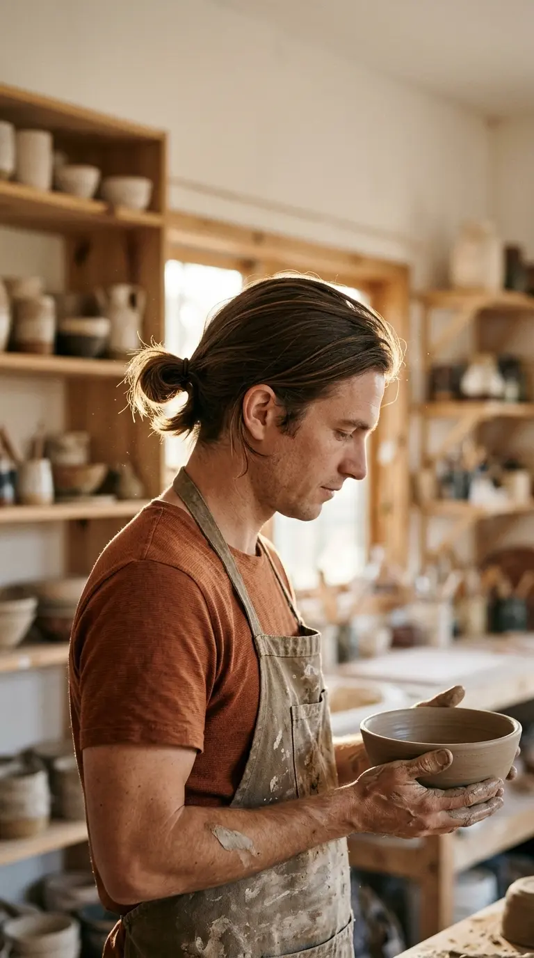 Side profile of a man with medium length hair tied in a small low bun at the nape