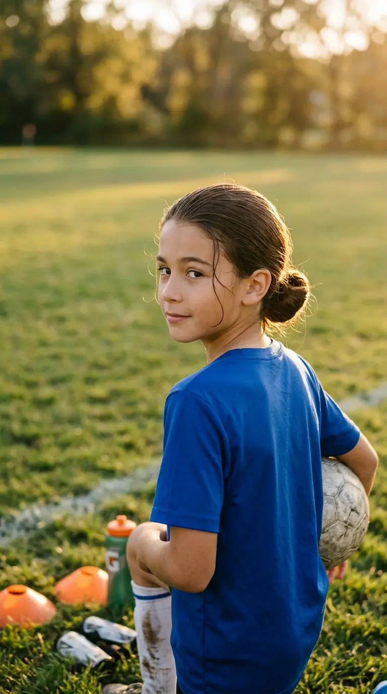 Three quarter back view of a boy with a low bun at soccer practice