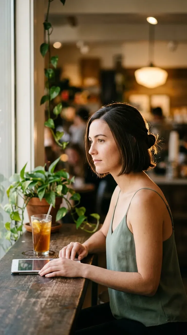 Three quarter back view of a low bun tied with a silk scarf