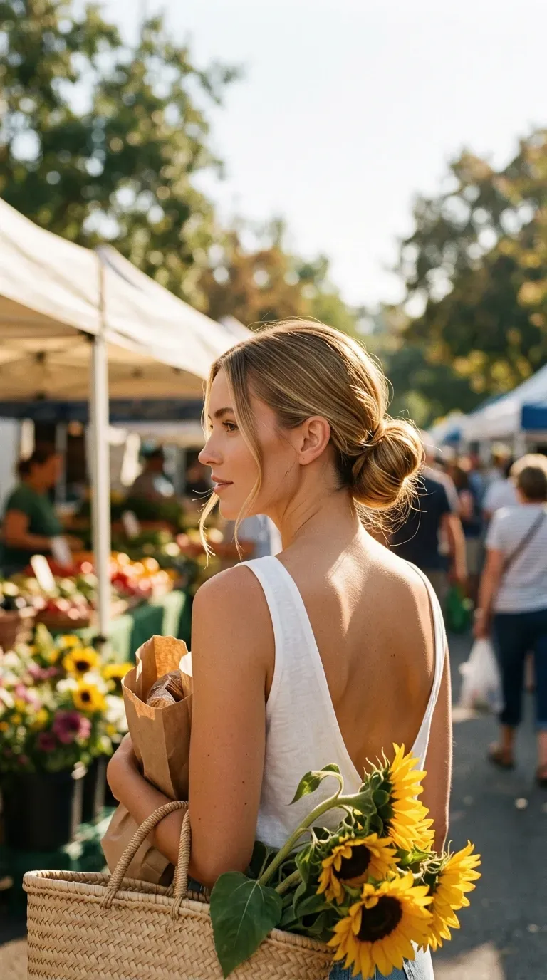 Over the shoulder view of a low bun with two thin face framing strands