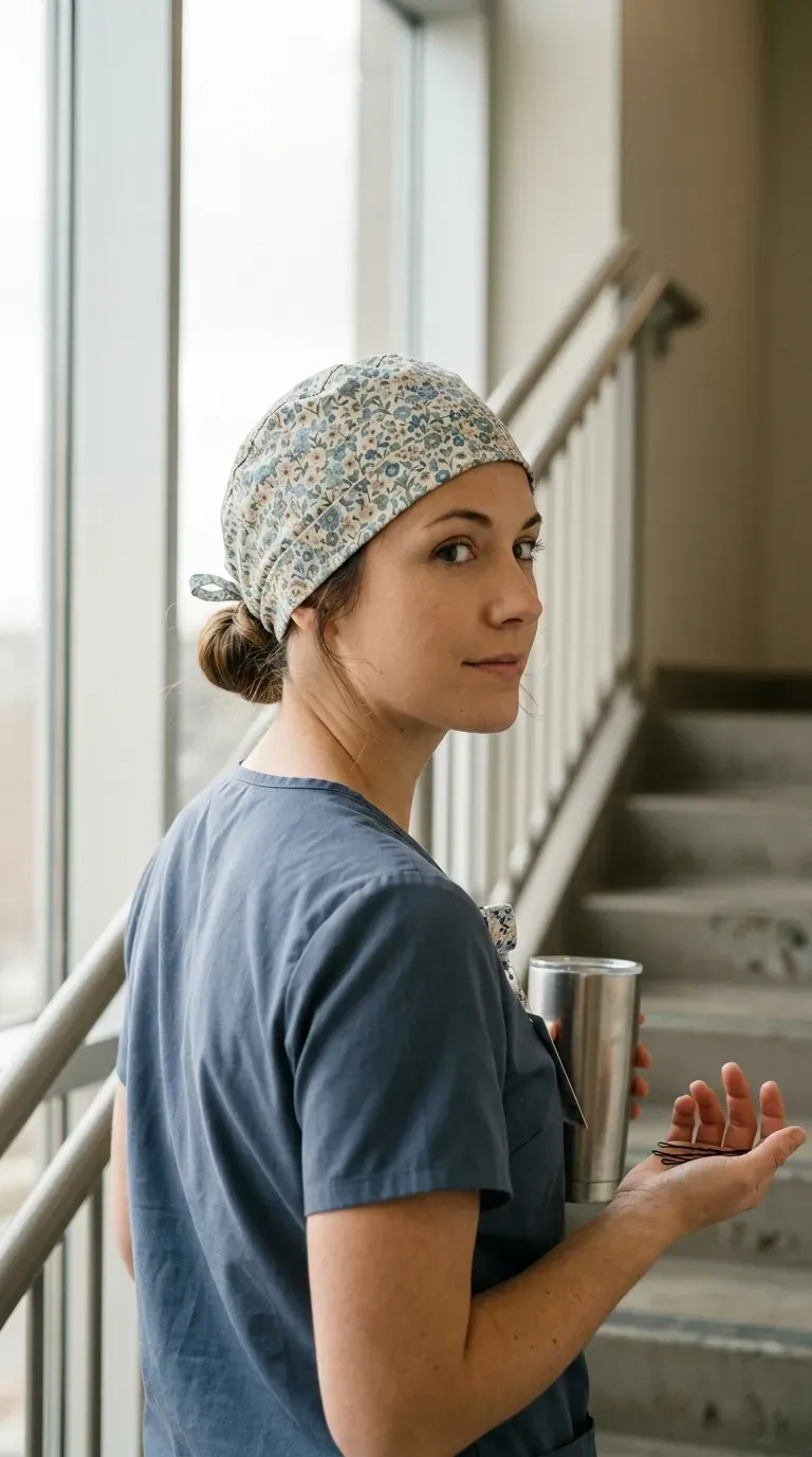 Over the shoulder view of a low bun under a patterned tie back scrub cap