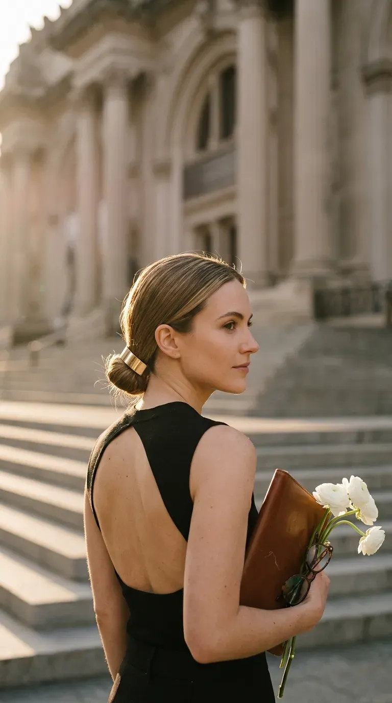 Over the shoulder view of a low bun covered with a wide gold barrette