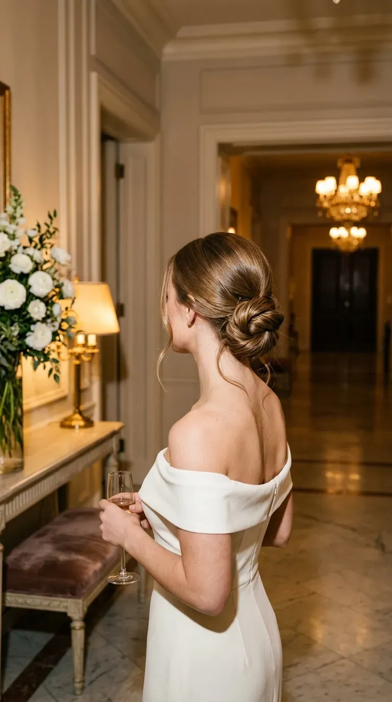 Three quarter back view of a low chignon with two face framing pieces
