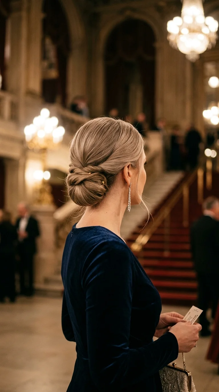 Back view of a smooth low twisted chignon held with hair pins on long ash blonde hair