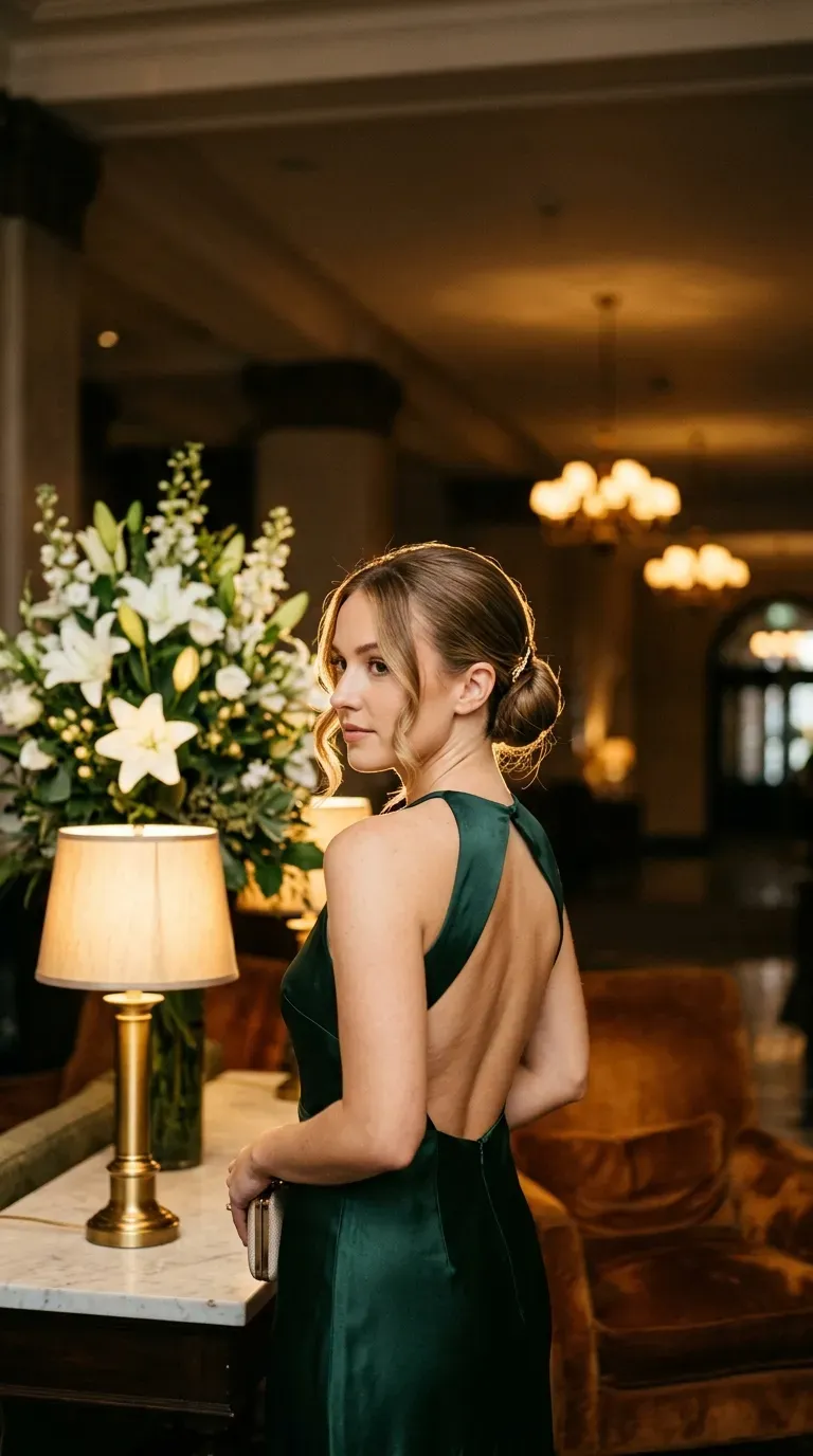 Over the shoulder view of a low chignon with loose face framing pieces