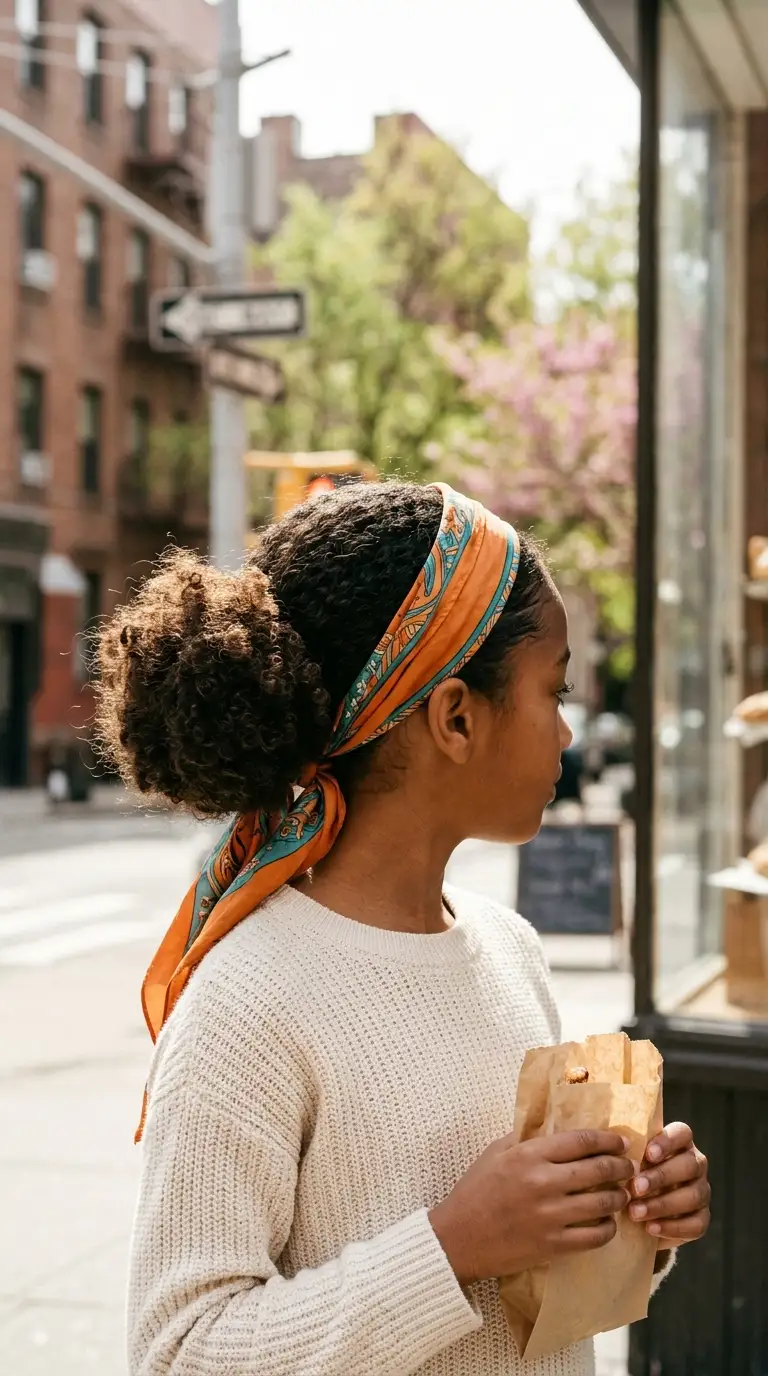 Three quarter back view of a mixed girl with a low curly bun and a patterned silk scarf tied as a headband