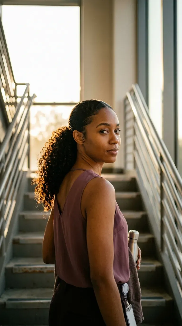 Over the shoulder view of a low curly ponytail with sleek sides in a stairwell