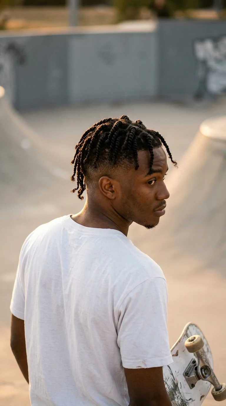 Three quarter back view of an older Black man with a short low cut showing natural grey
