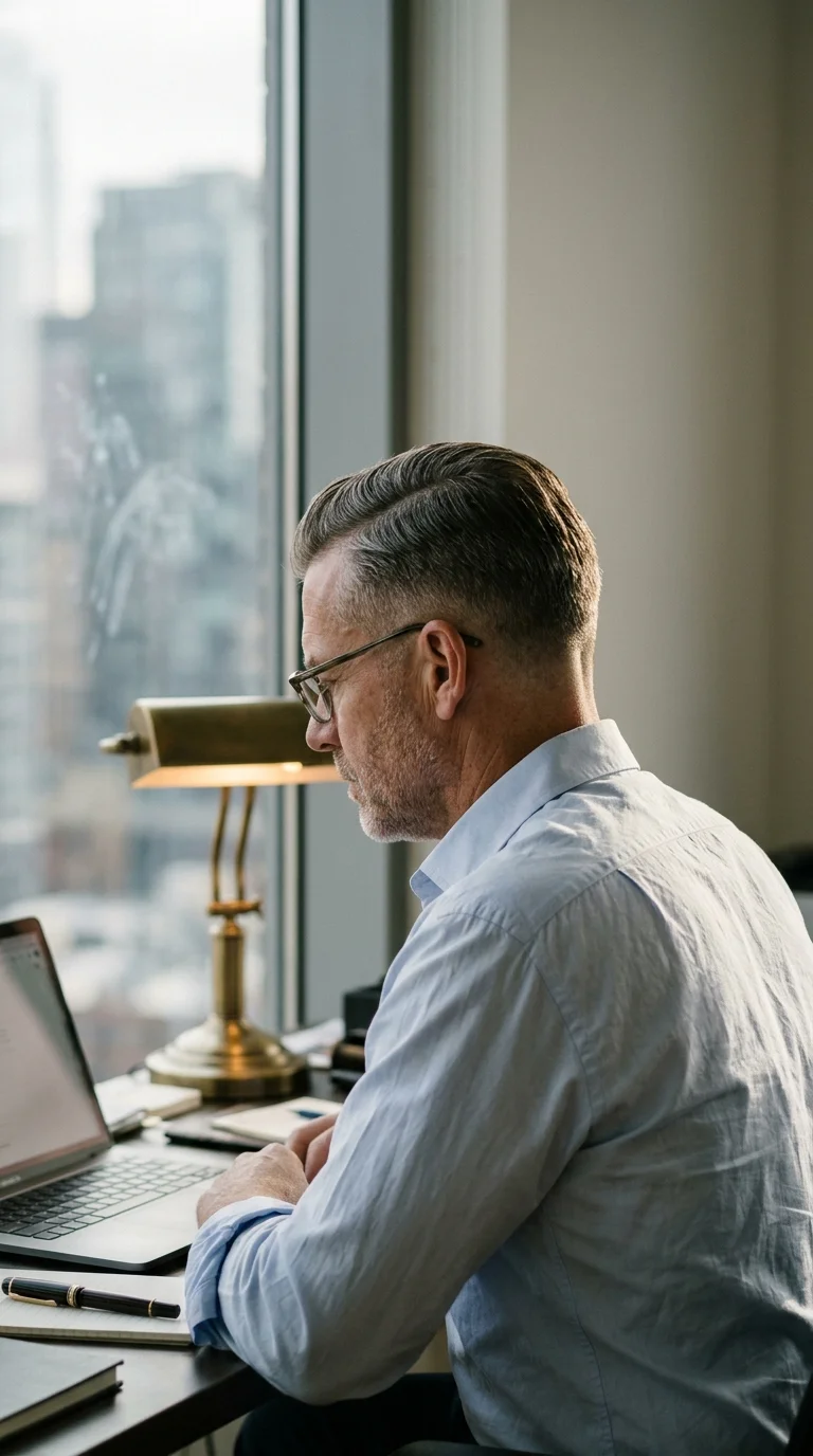 Side profile of a low fade comb over on a man over 50