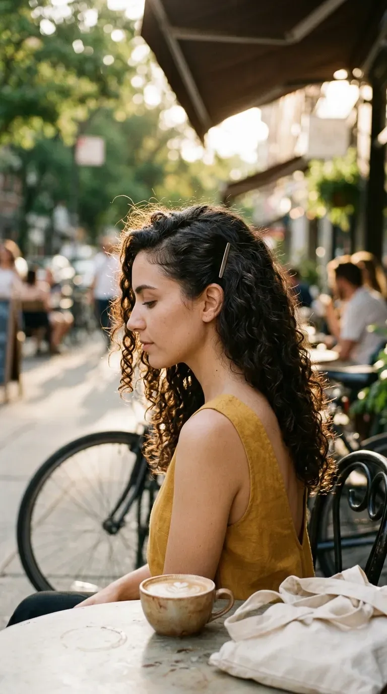Three quarter view of a low fishtail braid at an evening networking event
